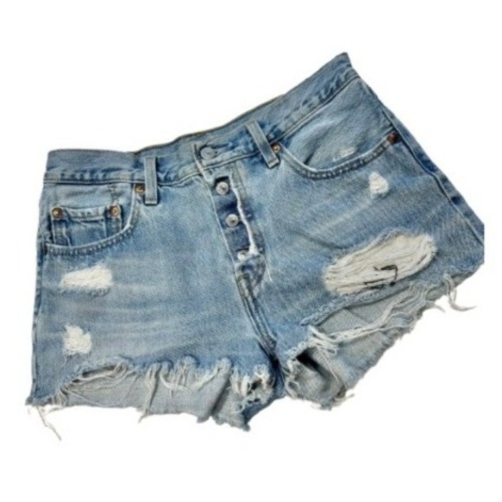 Levis Premium 501 Original High Rise Distressed Denim Shorts Light Wash W27